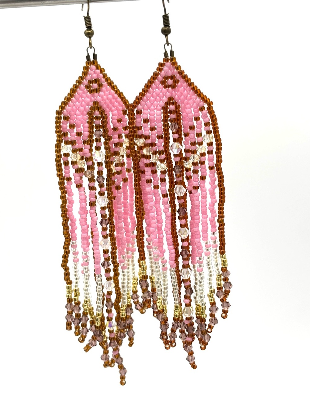 Hand Crafted Pink Beaded Fringe Earrings - Women Jewelry - Picture 4 of 10